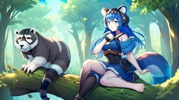 Girl, blue hair, raccoon ears, raccoon tail, raccoon face, forest, sit on tree, raccoon paws on hand, paws on foot, raccoon muzzle