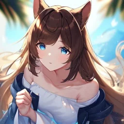 Clear focus, High resolution, Long fluffy brown hair, blue eyes, wearing a white skirt, detailed outfit, wearing a jacket oversized off shoulder, rough line, hair above ears, dog ears, off shoulder white shirt, chopped bangs