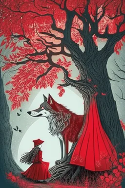 in a cosy vintage style, a beautiful witch marvels at a red tree with the big bad wolf watching her