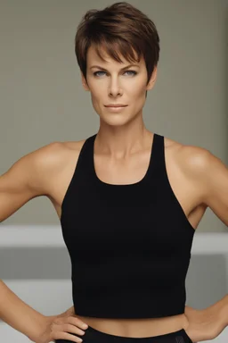 full color Portrait of 18-year-old prude Jamie Lee Curtis, with short, pixie-cut brown hair, tapered on the sides, wearing a black cotton sports bra and short - well-lit, UHD, 1080p, professional quality, 35mm photograph by Scott Kendall