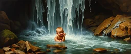master oil painting by Rembrandt,cute blind trolls bading baby inside waterfall