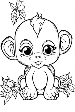 cute coloring page, sketch style, cute baby monkey in the jungle, cute cartoon, white and black, withe background, no shadows, outline.