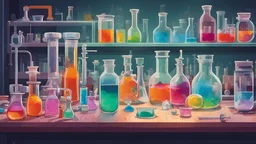 Depict a scientist's laboratory bench with laboratory glassware, scientific instruments, and specimen jars. Microscopes, beakers, and petri dishes filled with colorful liquids hint at experiments in progress.
