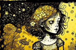 Beautiful girl's caricature in ochre and hydrangeas, looking skyward in wonder, nostalgia, battery corrosion, starry sky, garden, Mercury Glass patina, topographic lines, Art Brut, moody, somber, desaturated colors, in the style of Paul Klee, Arthur Rackham golden glitter ink outlines