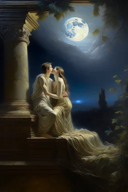 Oil painting kiss under the moonlight in ancient times