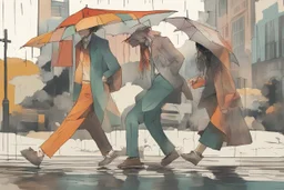 whimsical arafed nonsense, patchwork vibe, (((side view))) two arafed (((storm clouds))) fighting each other in a rainy whimsical downtown street with extreme body action and with (((exaggerated body parts))), (((oversize head))), sharp color contrasts, amazing shadows, (((exaggerated limbs and head))), minimal cozy, warm palette, bright bold warm summer colors with yellow orange black colors, color leak, heavily distorted views, amazing parallels, extreme urban decay