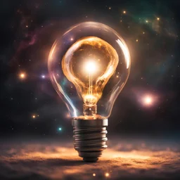 a lightbulb in outer space with fluid and vibrant lighting and lens flare