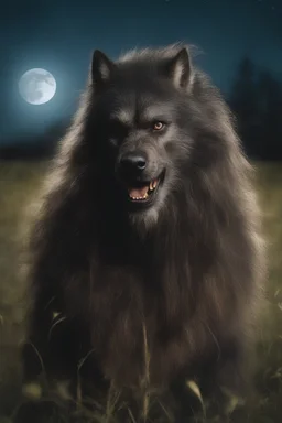 an extremely hairy, long-haired werewolf, in a field, Botany, Starry, Moon lit, Retro Pop, Dark Fantasy, Horror, Festive, Realistic - 32k, UHD, professional quality, 8 x 10 digital photograph