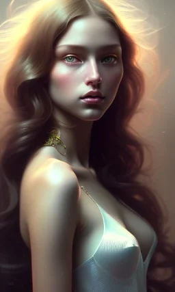 porno model , cute, beautiful, long hair, wavy hair, curly hair، black eyes, head and shoulders portrait, cinematic, 8k, resolution concept art portrait by Greg Rutkowski, Artgerm, WLOP, Alphonse Mucha dynamic lighting hyperdetailed intricately detailed