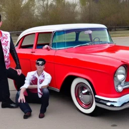 a 50s Greaser BAND standing in front of a hot rod