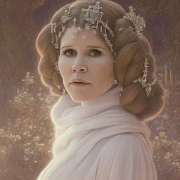 hyperspace background, complete and photo realistic detailed head to waist stunning photo realistic portrait of carrie fisher as Princess Leia in star wars with photo realistic updo hair by Mandy Jurgens and mucha and Richard Schmid and chuck close and chie yoshii, extraordinary and detailed ceremony dress of star wars,brown eyes