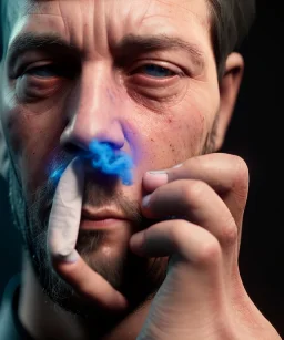 Realistic image, a guy making the fuck you gesture with his hand, blue smoke coming out of his eyes, nose and mouth. soft color, highly detailed, unreal engine 5, ray tracing, RTX, lumen lighting, ultra detail, volumetric lighting, 3d, finely drawn, high definition, high resolution.