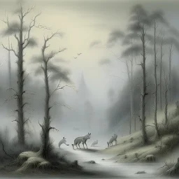 Gray woodlands with wolves, frogs, and centipedes painted by Ivan Aivazovsky