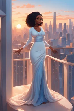 The scene opens onto a serene balcony overlooking a bustling city skyline. The sky above is painted in soft hues of blue and peach as the sun begins its descent, casting a warm glow over everything it touches. In the foreground stands a captivating figure, airbrush chibi cartoon curvy black woman exuding confidence and elegance. She is adorned in a flowing white knit maxi dress that hugs her curves in all the right places, accentuating her silhouette. Her choice of footwear is equally stunning