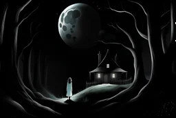 scene, horizontal black and white, forest fog, superbig full moon, moon is a center of image, tim burton character, woman wiht cape and hood, woman stand up on spiral rock, face woman sad, super big eyes, circles eyes, background old house, high house more rooms