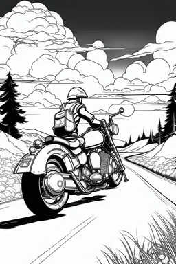 Outline art, no shading, motorcycle on the road, cartoon style, black and white, low detail, --ar 9:11