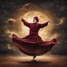 Hyper Realistic Sufi Whirling with Golden & Maroon Islamic Sufi Rustic Grungy Background with thunderstorm at heavy rainy night