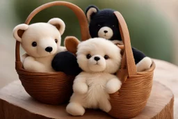 Cute but quirky stuffed animals lie in a carved basket on a soft sling, by candlelight