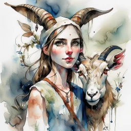 dnd, fantasy, watercolour, large strokes, stylistic, portrait, illustration, dull colours, female goat, acrobat