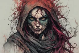 highly detailed color woodcut concept illustration of a world weary, female stealthy rogue fantasy character , maximalist, sharp focus, highest resolution, in the styles of Alex Pardee, Denis Forkas , Bill Sienkiewicz, and Masahiro Ito, boldly inked, 8k, coarse, gritty textures