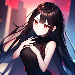 Clear focus,High resolution, black long hair, Vibrant red eyes, Emo style, Black skirt, wearing a black shirt sleeveless, Wearing black and red cutsleeves, Hand near chin