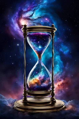 The galaxy pouring through an hourglass, hig detailed, sharp focus, etheraly, stunning, nebula, stars, deep colors, perfect composition