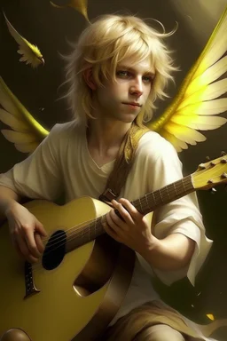 fee, männlich, Libellen-Flügel, hellblondes, fast weißes, unordentliches Haar, Laute spielend, lange spitze Ohren, goldene Augen, realistisch, kindliches aussehen