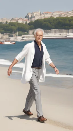 merlin actores in Istanbul beach walking gracefully,full body shot