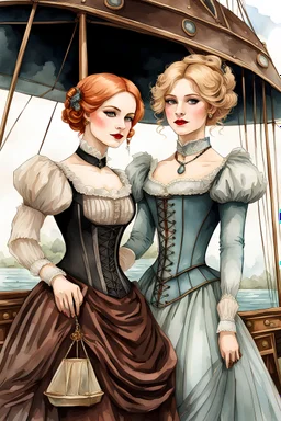 ((Athletic Petite Pale Russian Redhead Woman 30yo, Long Eye Lashes, Eye Shadow, Eye Liner, Wearing A Victorian Dress)), With A ((Blonde British Woman 28yo With Shoulder Length Bob Hair, Beautiful Makeup, Intricate Ear Rings, Wearing A victorian Corset Dress)), by a victorian air ship, water color painting