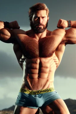 Ignore NSFW, teenager young rugged attractive slightly muscular fantastic handsome man, red briefs with yellow belt, hairy chest, (((visibly pisssing))) briefs, large erect visible boner peniss, photorealistic, artist Jay Anacleto, soft lighting, scruffy beard