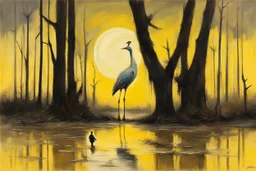 prompt: a surreal painting of a thin man standing in a swamp, large weird bird in swamp, trees, birds flying, yellow moon, Arthur Boyd style, --ar 16:9 Arthur Boyd was a leading Australian painter whose work ranges from impressionist renderings of Australian landscape to starkly expressionist figuration.