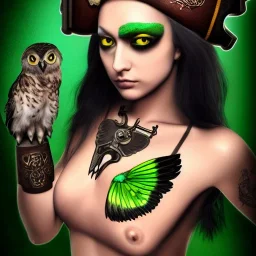 hyper realistic, young cute girl, short black air, green eyes, holding a owl, batterfly simple black tatoo, dressed a steampunk pirate, bra with carved leather, Pirate ships in background. salvador dalì style. high details, thunderstorm. 4k, unreal engine Upscale PRO hyper realistic, young small cute girl, short black air, green eyes, with owl tatoo, dressed a steampunk pirate, bra with carved leather, Tintoretto ships in background. salvador dalì style. high details, 4k, unreal engine