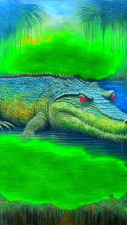 Green mystery lake, large crocodile, painting