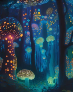 An enchanted forest filled with bioluminescent flora and fauna, casting an otherworldly glow on the surroundings, in the style of phosphorescent art, radiant colors, ethereal lighting, and intricate detailing, inspired by the works of Yayoi Kusama and Noemi Schipfer, evoking a sense of awe and fascination with the natural world.