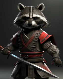 raccoon as a samurai, realistic, 2 katanas