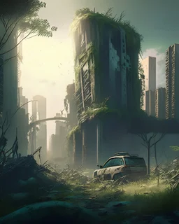 A post-apocalyptic cityscape, with crumbling skyscrapers, overgrown vegetation, and a group of survivors banding together to navigate the treacherous landscape. The scene is a blend of desolation and resilience, capturing the struggle for survival in a harsh, unforgiving world. Ultra-HD, high resolution, and dramatic lighting create a gripping and powerful image.
