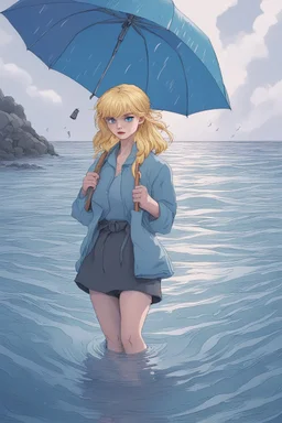 In the music video, a 23-year-old woman with blonde hair and bright blue eyes stands in the sea, se has a bun.. She holds an umbrella, but it offers no protection from the pouring rain. The rain pours through the umbrella, it is leaking and makes staines. The rain under the umbrella is heavy paint petrol blue, the rain transforms through the umbrella. She is painted blue because of the blue rain drops. The rain is pouring heavily. She is standing in the middle of the sea.