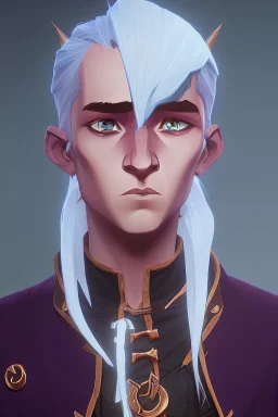 A tieffelin with blue skin and white Dreadlock hair. His pupil-less eyes are green. He wears a small beard. His horns are black and curved backwards. He wears a beige tunic.