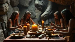 A stone-age feast, Paleolithic banquet, stone utensils, Neanderthal women, award-winning photograph, exquisite detail and realism