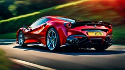 Ferrari F8 Tributo In Road, Cinematic, Bright Colors, Rear View, Nice Saturation, Backfire, Desktop Wallpaper, Accurate, realistic, 8K