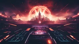 Create a visual Dystopian background representation of Dominus Sound hardstyle dance music festival, where music technology reigns supreme. Emphasize the dominance of dystopian digital elements with a sleek and powerful aesthetic. no text