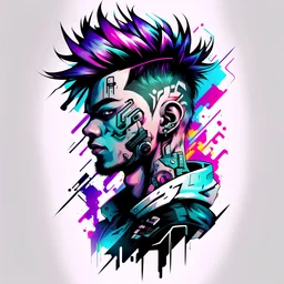 -shirt design, cyberpunk, art boys for style tattoo, abstract color hair, there is a written name logo "digi", Grafity style, White background.