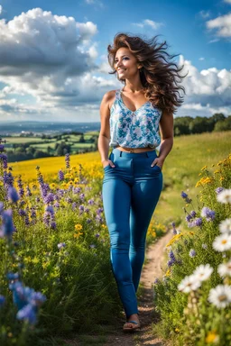 beautiful girl in nice top and blue pants with curvy hair,country side ,wild flowers,blue sky nice clouds,