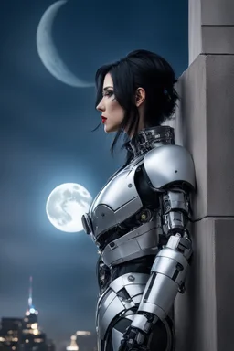 Fantasy Photo Of A Woman With Black Hair, Wearing A robot-looking suit, standing sideways On A Ledge of a building, With A waning moon Behind Her Head