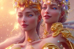 very beautiful crystal and gold goddess in a galactic ambiance, nice smiling, transparent petals, delicate colors, full of details, smooth, bright sunshine，soft light atmosphere, light effect，vaporwave colorful, concept art, smooth, extremely sharp detail, finely tuned detail, ultra high definition, 8 k, unreal engine 5, ultra sharp focus