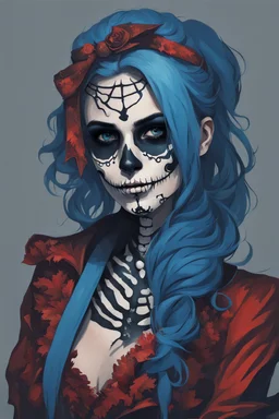 Portrait of a girl, skeleton face like night before Xmas, blue hair