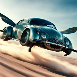 a high definition screen shot of a jet-fighter vw-beetle, retrofuturistic, phototrealism, in flight, one subject, should have wings with atleast one exposed jet on each wint or one coming throught thr front and center of the vehicle.