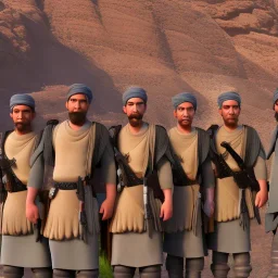 Five Taliban fighters posing in front of bamyan Buddha statues