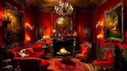 Habitación inspirada en ‘El jardín del amor’ de Rubens (versión menos conocida) → Diseño de interiores y mobiliario rococó — Barroco flamenco y exuberancia festiva — Volutas, dorados, terciopelos rojos, cuadros de caza, una gran chimenea y un laúd — Composición asimétrica y llena de movimiento, con grupos de figuras en conversación — Luz cálida y de candelabros, con puntos de luz brillantes y sombras suaves — Rojos carmín, dorados, marrones, verdes oscuros, azules y blancos marfil — Atmósfera de