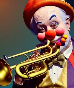 happy and funny old friendly clown with round head and trimmed beard playing jazz with a steampunk theme, trumpet on mouth, carnival, dreamy